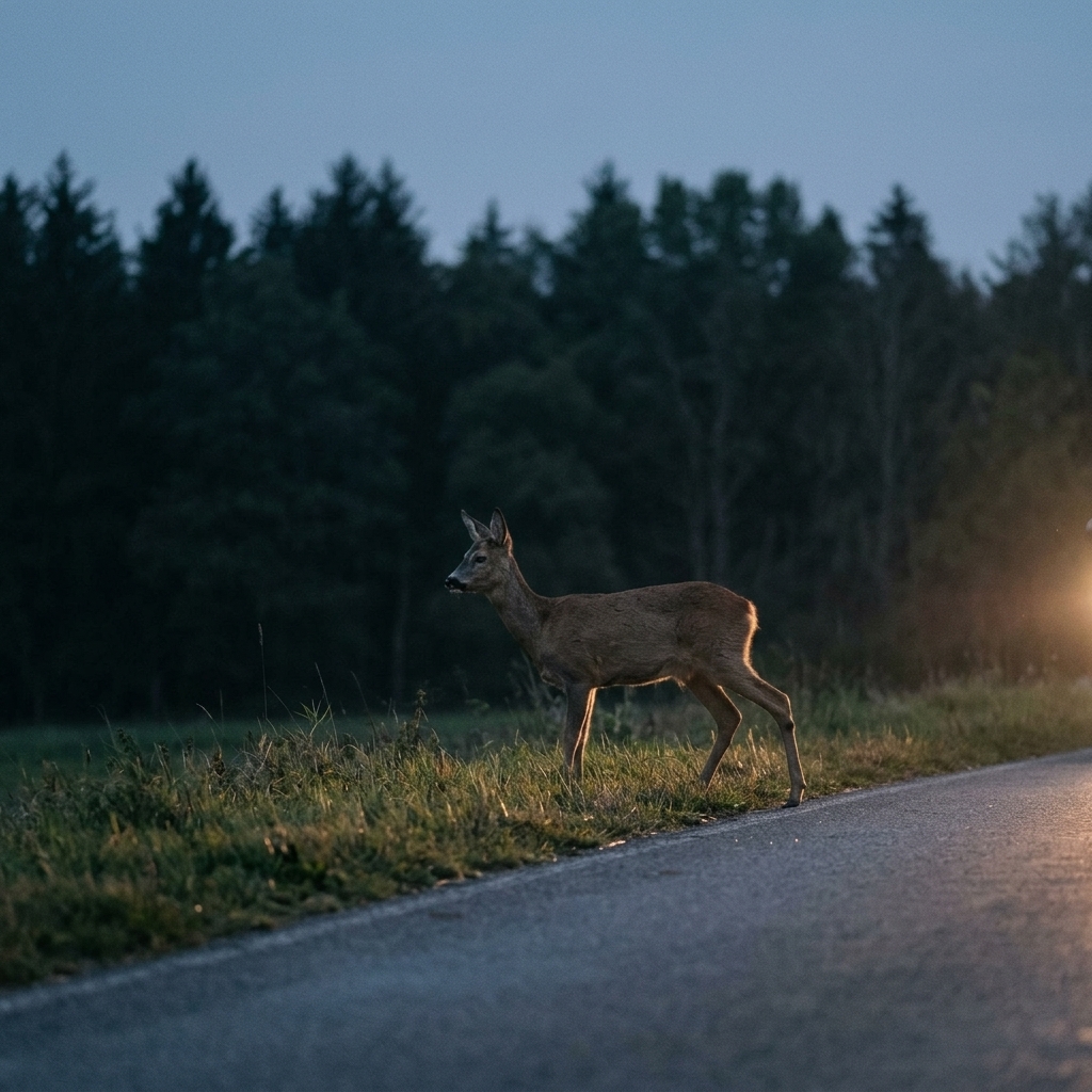 Reh am Straßenrand in der Dämmerung vor einem Waldrand