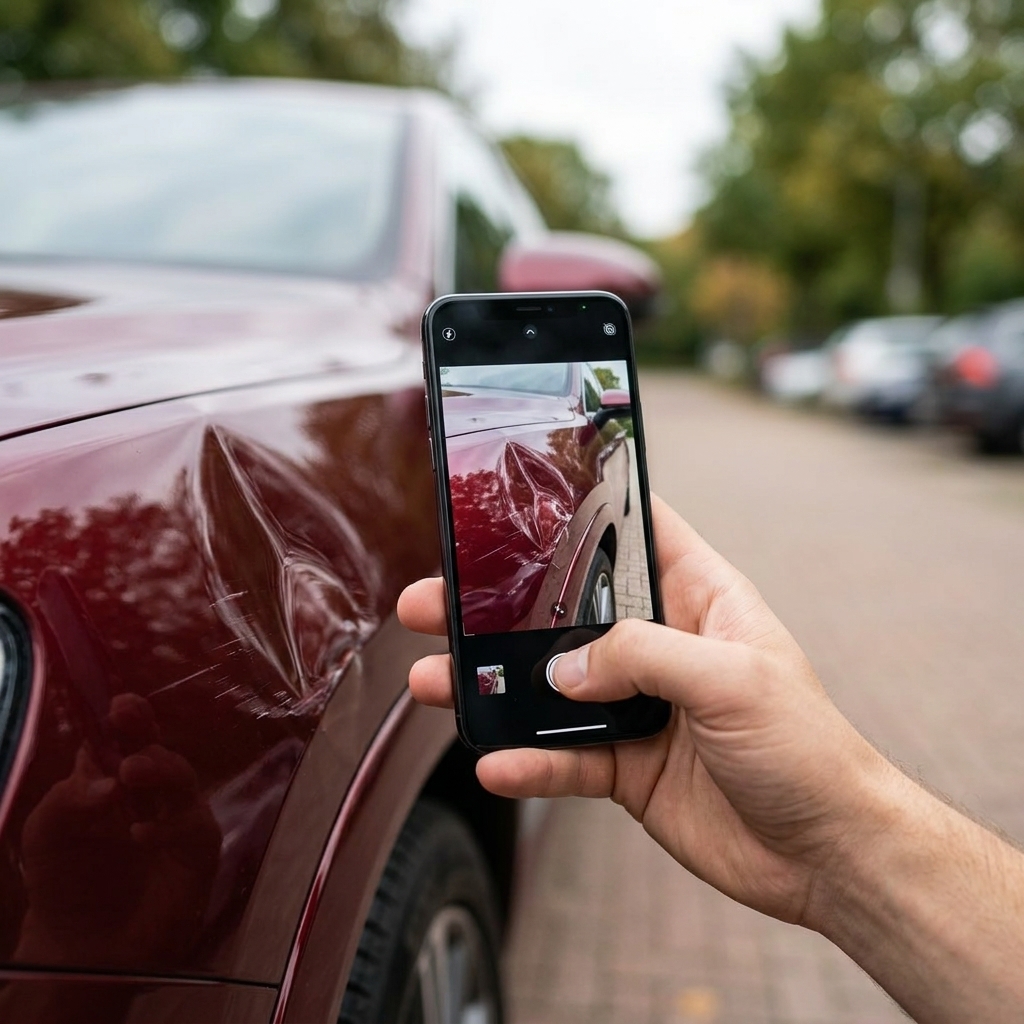 Hand fotografiert mit dem Smartphone eine Delle am Kotflügel zur Dokumentation