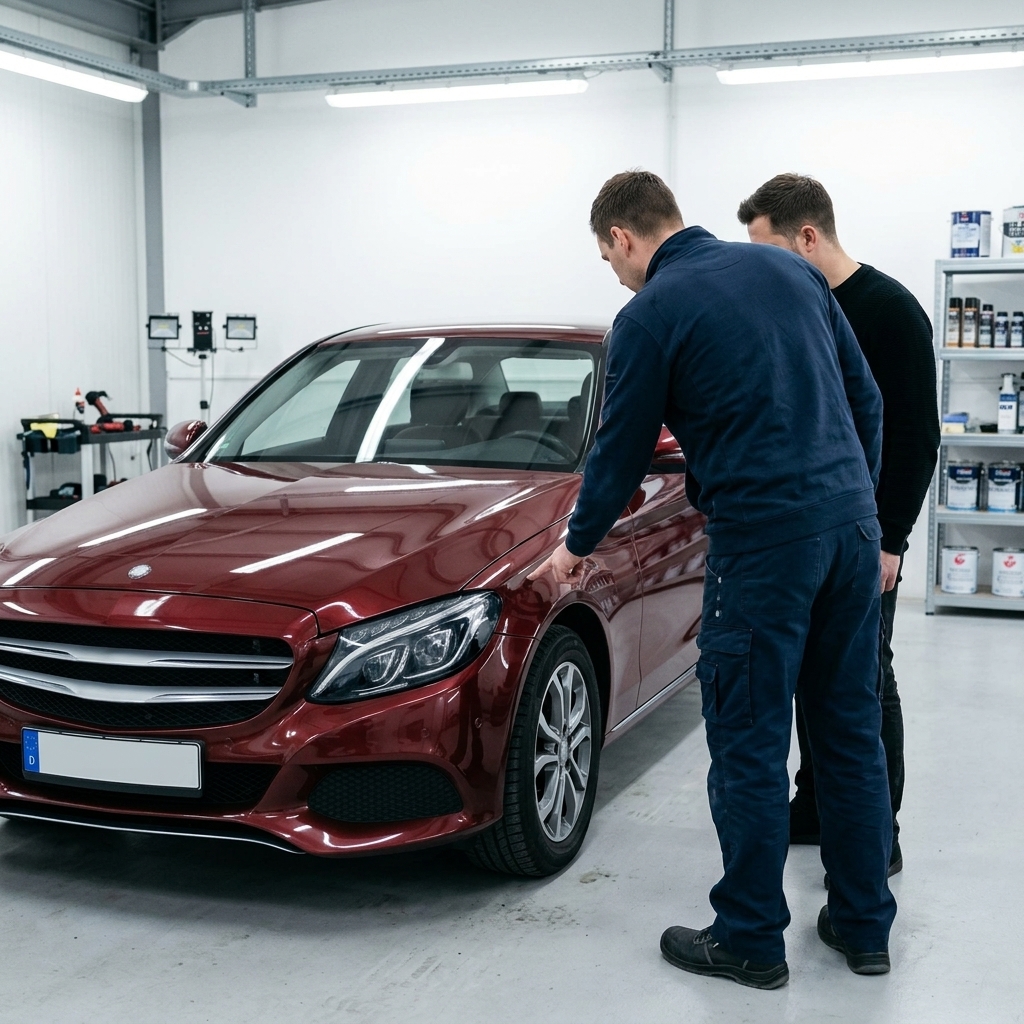 Werkstattmitarbeiter zeigt einem Kunden eine Delle am Kotflügel seines Fahrzeugs