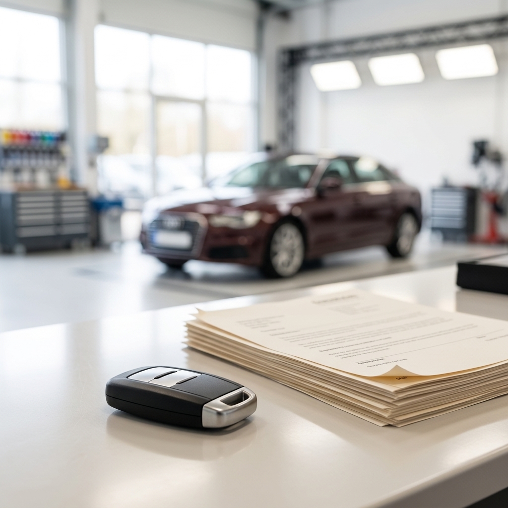 Autoschlüssel und Versicherungsunterlagen auf dem Annahmetresen einer Werkstatt, im Hintergrund ein Fahrzeug