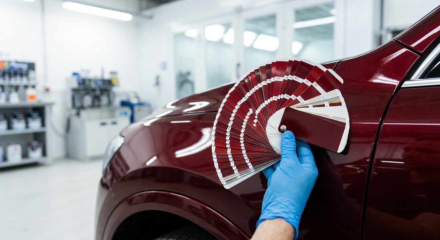 Farbtonfächer wird an Fahrzeug gehalten zur Farbtonbestimmung