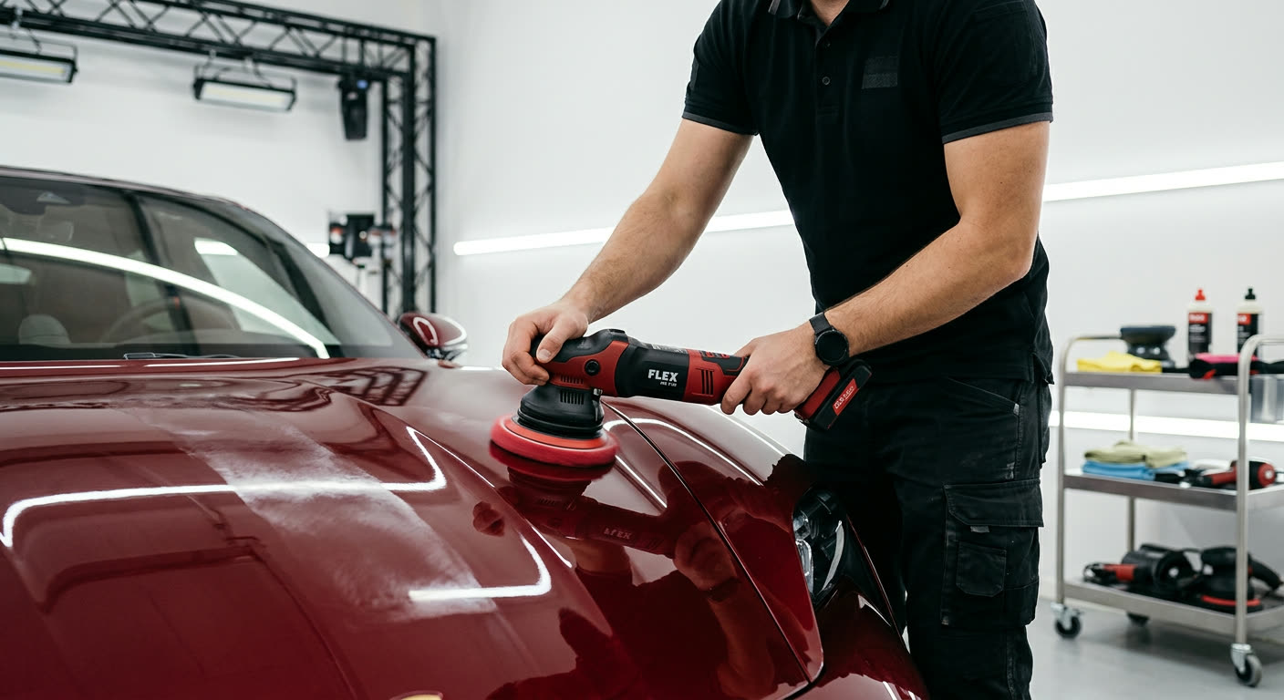 Finish mit moderner Poliermaschine auf frisch lackierter Motorhaube