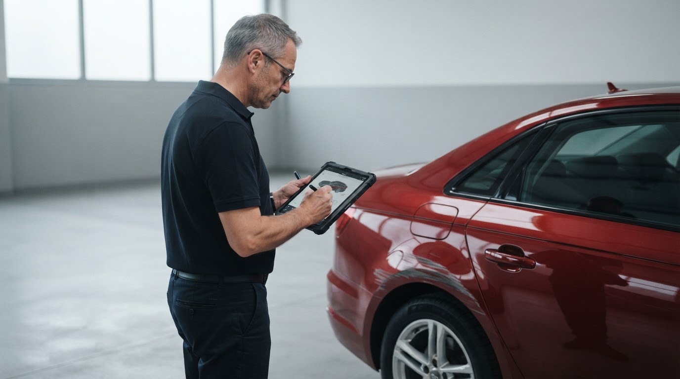 Kfz-Gutachter dokumentiert mit dem Tablet einen Schaden an einem roten Fahrzeug in der Werkstatt Colorworx.