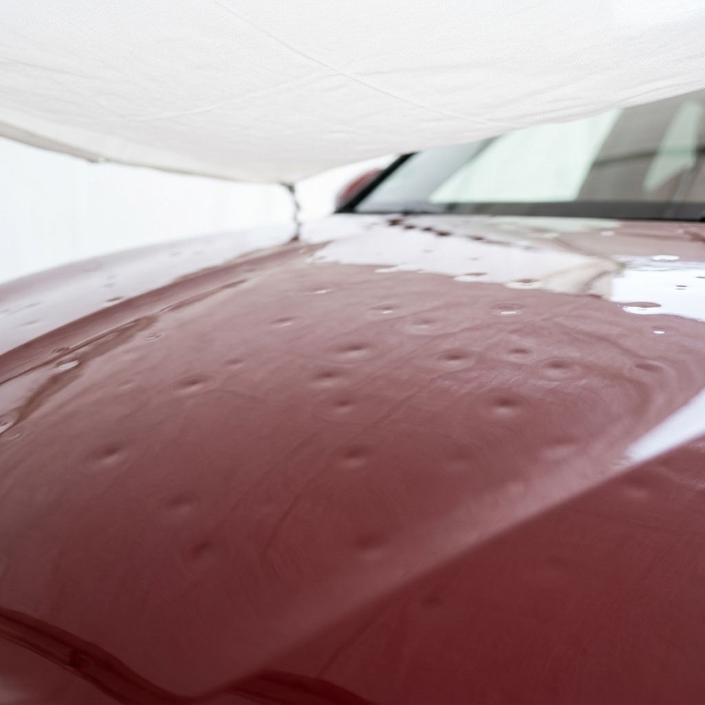 Hageldellen auf einer Motorhaube, sichtbar in der Spiegelung des Hagelsegels