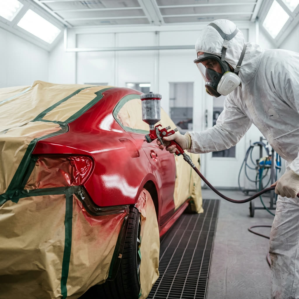 Lackierer trägt roten Lack auf ein abgeklebtes Fahrzeug auf