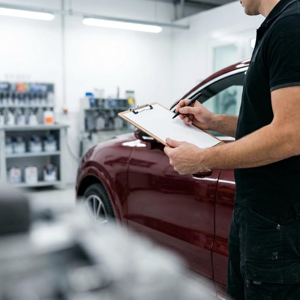 Zustand eines Fahrzeugs wird bei der Annahme auf einer Checkliste dokumentiert