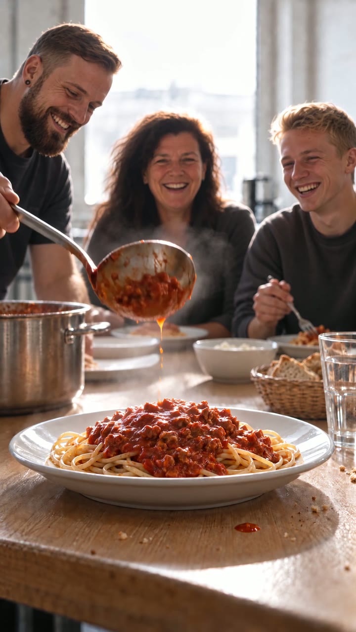 Team am Mittagstisch, es gibt Pasta