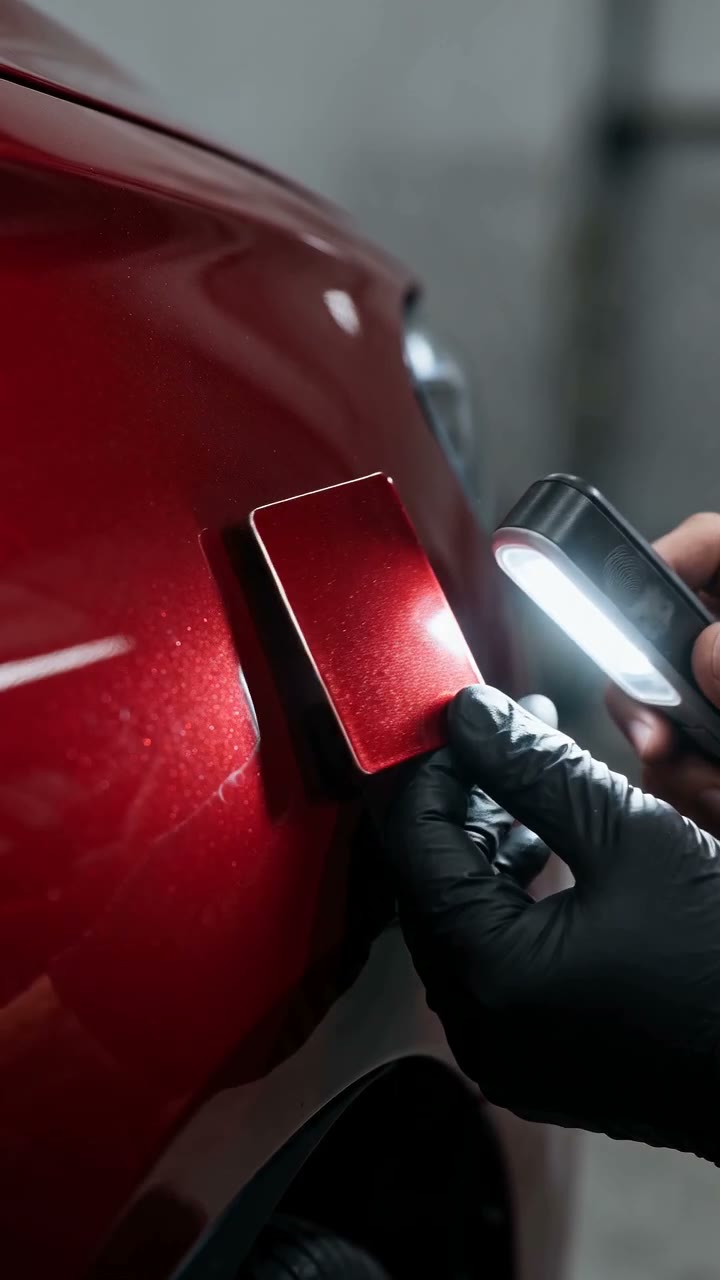 Farbmusterkarte wird mit Lampe am roten Lack abgeglichen
