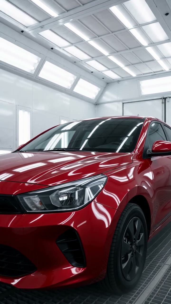 Frisch lackiertes rotes Auto in der Lackierkabine